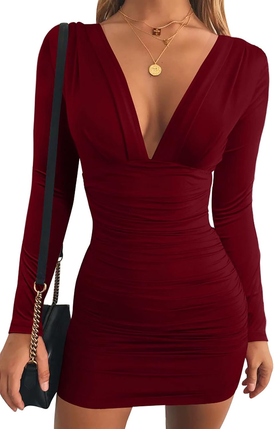 GOBLES Women's Sexy Long Sleeve V Neck Ruched Bodycon Dress