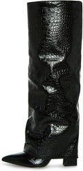 Knee High Fold Over Boots Women - Chunky 3.5in Heel Comfort