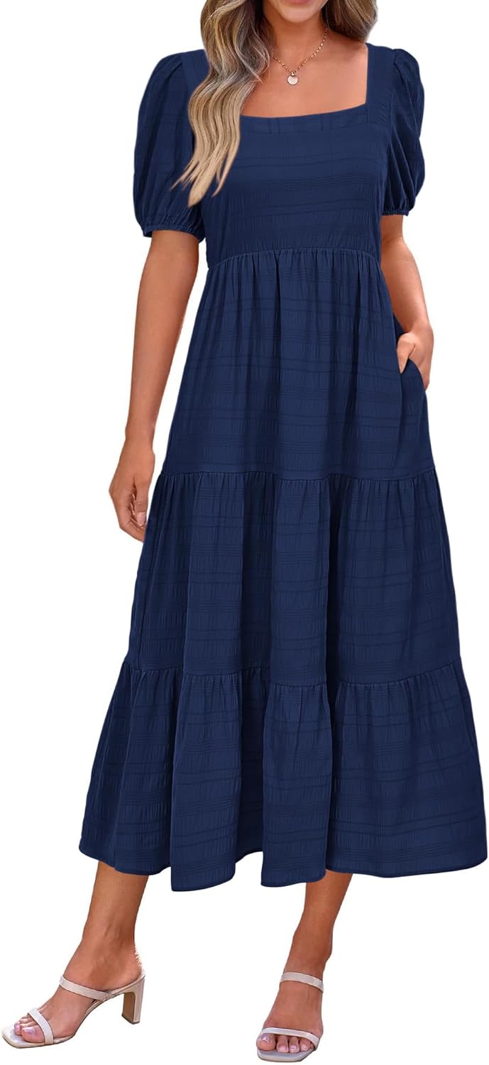 PRETTYGARDEN Women's Summer Dresses 2025 Puff Sleeve Midi Dress