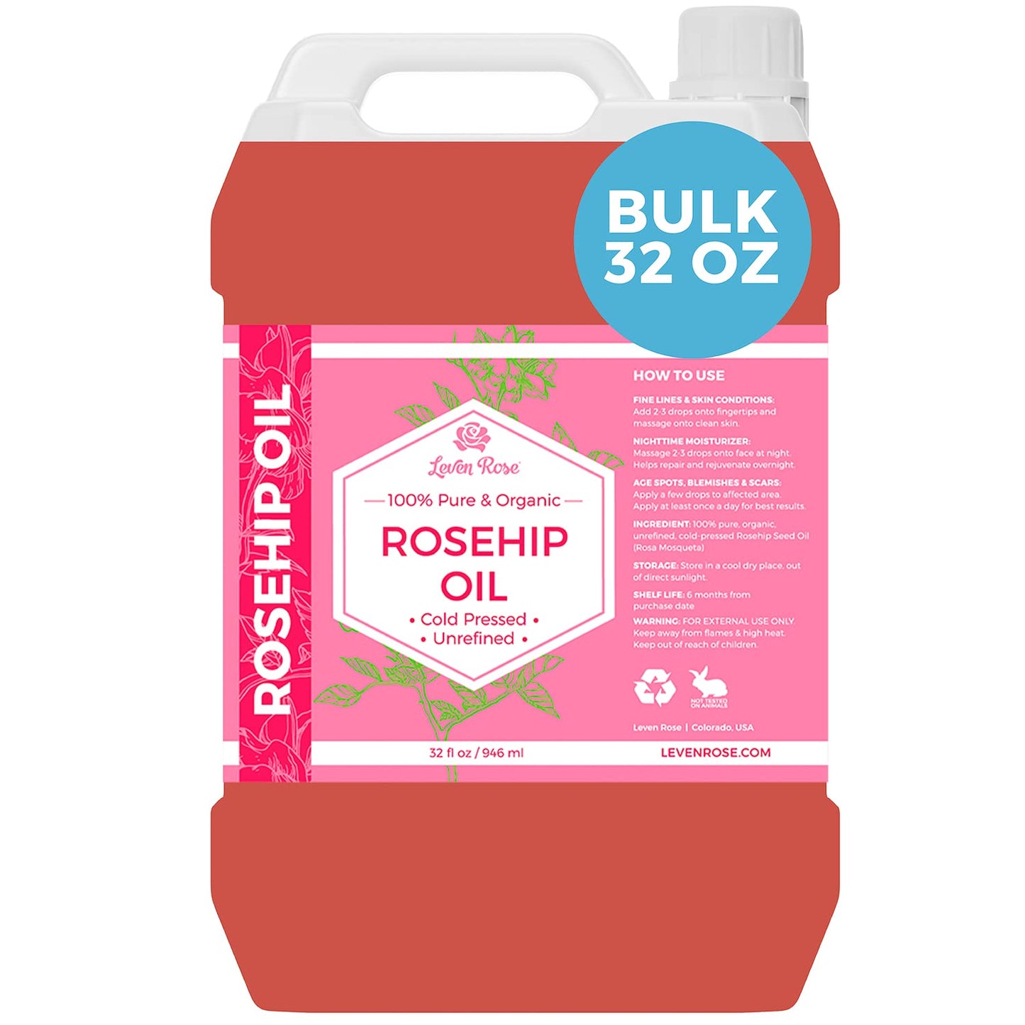 Leven Rose Rosehip Seed Oil 32 oz for Glowing Skin & Hair