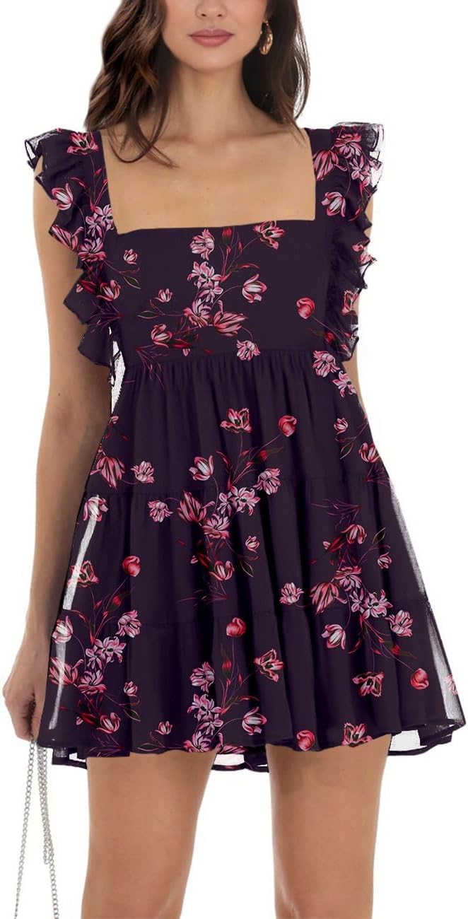 Womens Summer Square Neck Tie Back Ruffle Sleeve Mini Dress