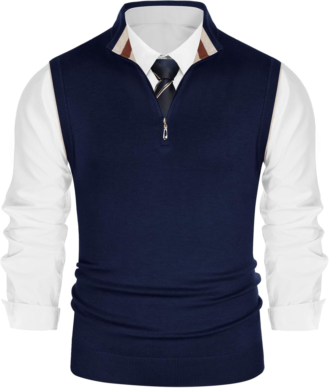 PJ PAUL JONES Mens Sweater Vest with Quarter Zip and Stripes