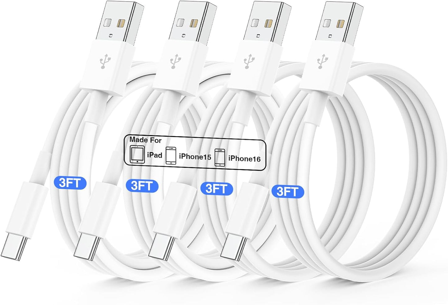 Fast Charge 4-Pack USB-C Cables | iPhone/Samsung Galaxy Compatible