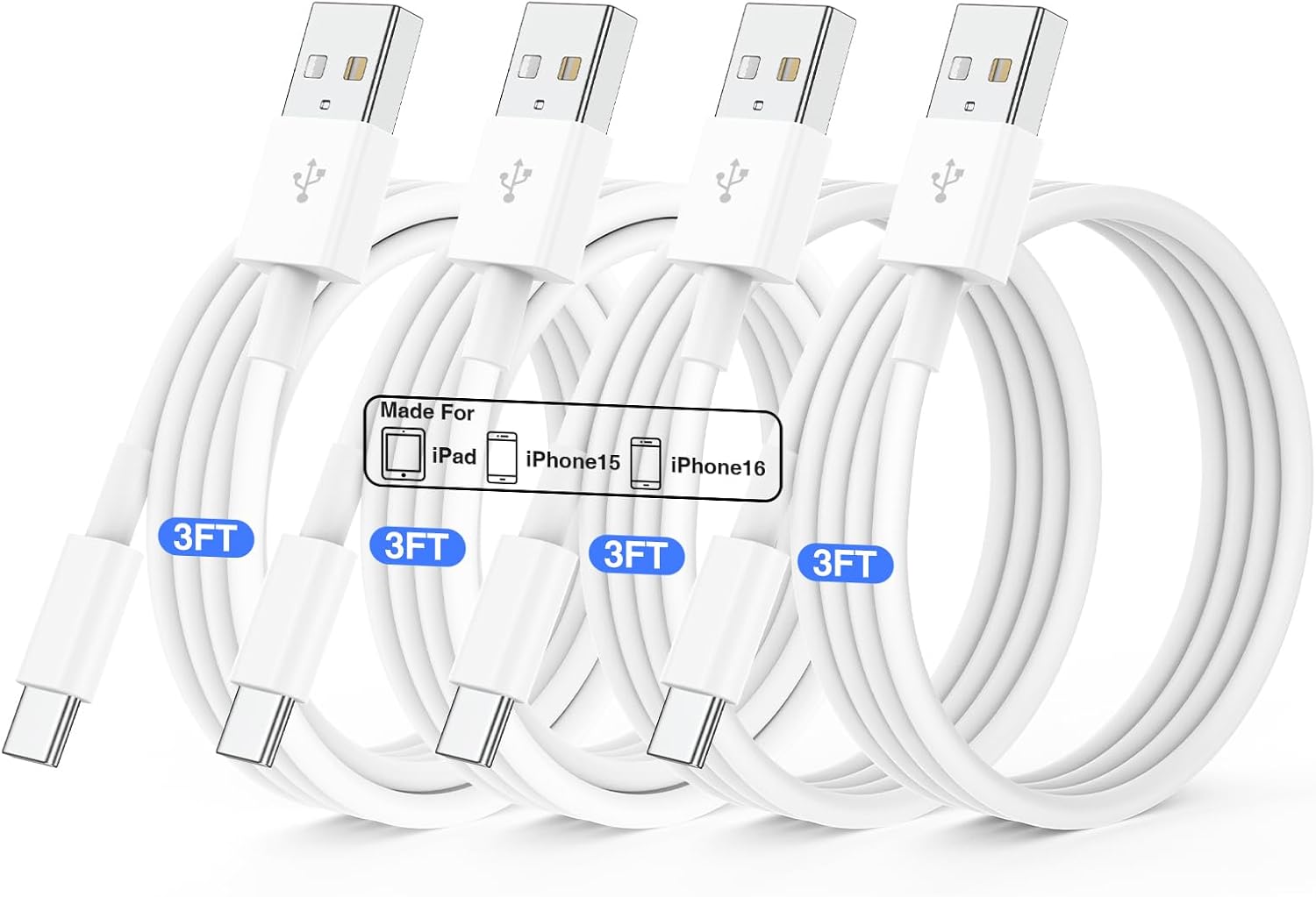 Fast Charge 4-Pack USB-C Cables | iPhone/Samsung Galaxy Compatible