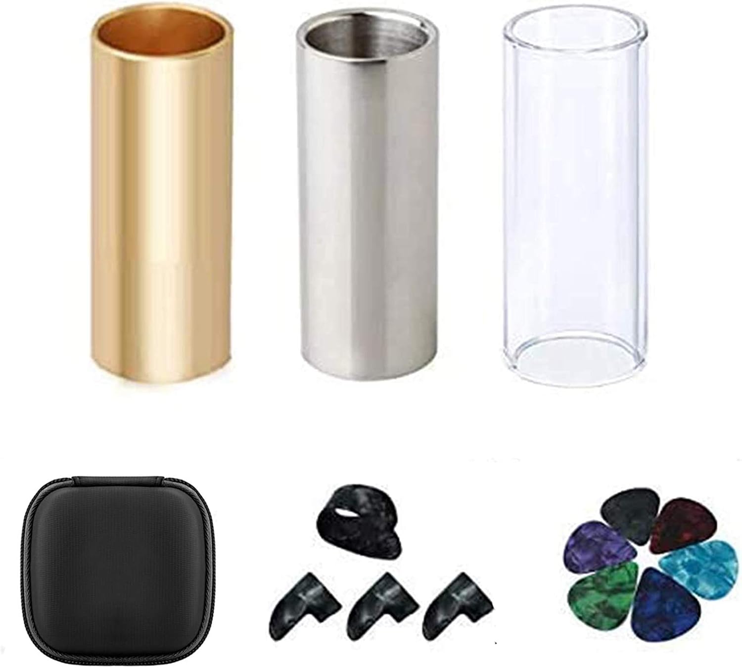 Ultimate Guitar Slide Set: Glass, Steel, Brass Slides + Picks