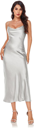 Women's Spaghetti Strap Midi Satin Silk Dress - Cowl Neck Evening