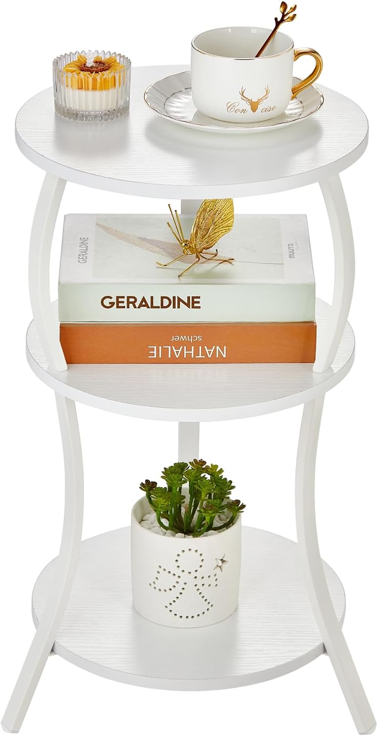 Vintage Small Round Side Table with 3-Tier Storage Shelf