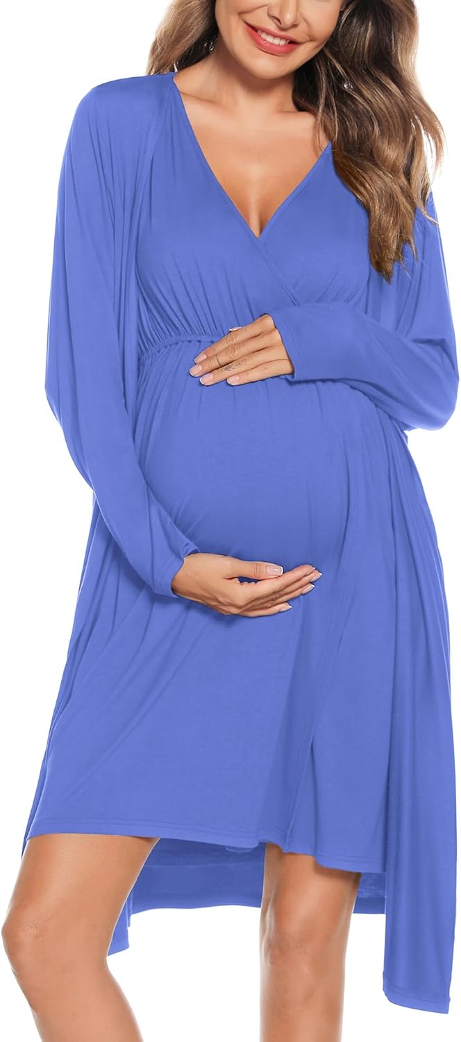 SWOMOG Women Maternity Nursing Gown and Robe Set for Comfort