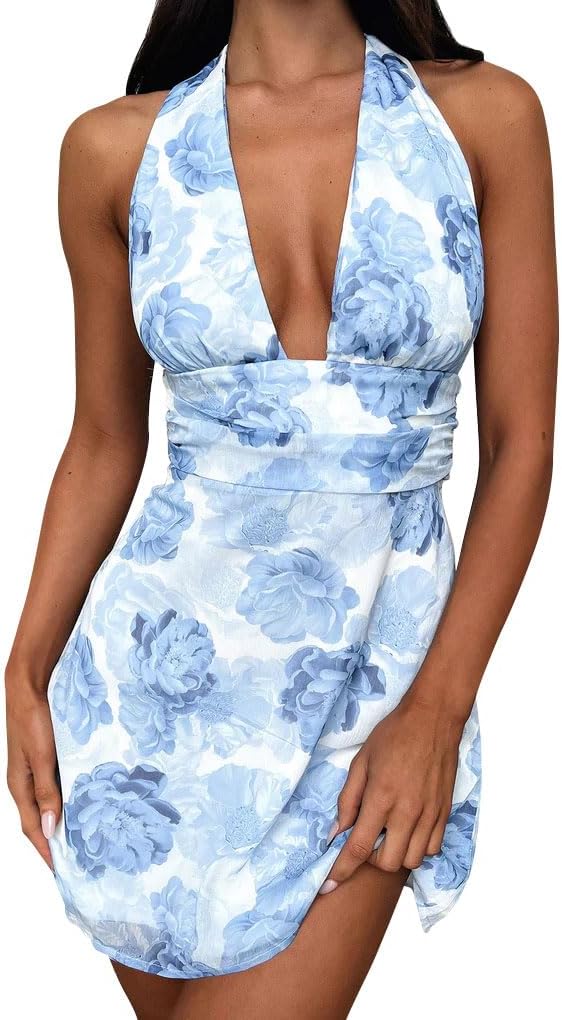 GOKATOSAU Women's Halter Deep V Neck Flowy Chiffon Mini Dress