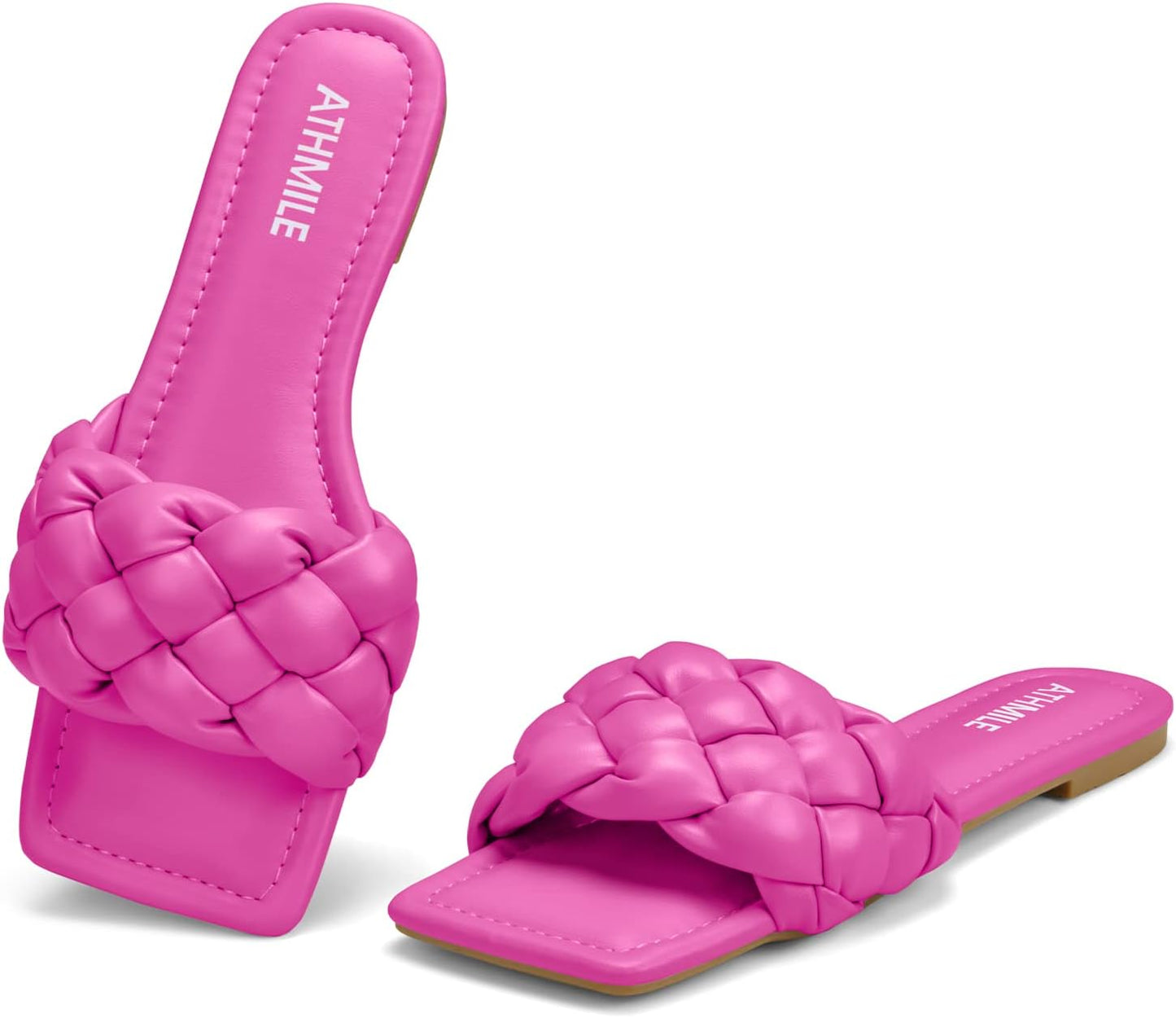 ATHMILE Braided Womens Sandals Square Open Toe Fashion Slides