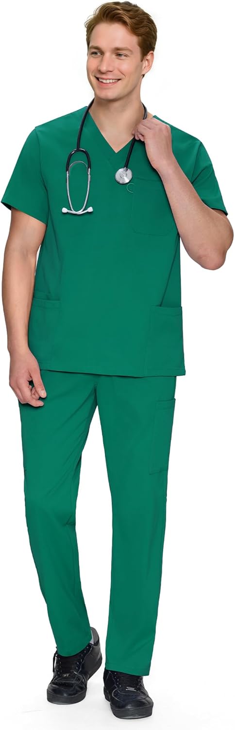 COZYFIT Men's Scrubs Set with V-Neck Top and 11 Pockets