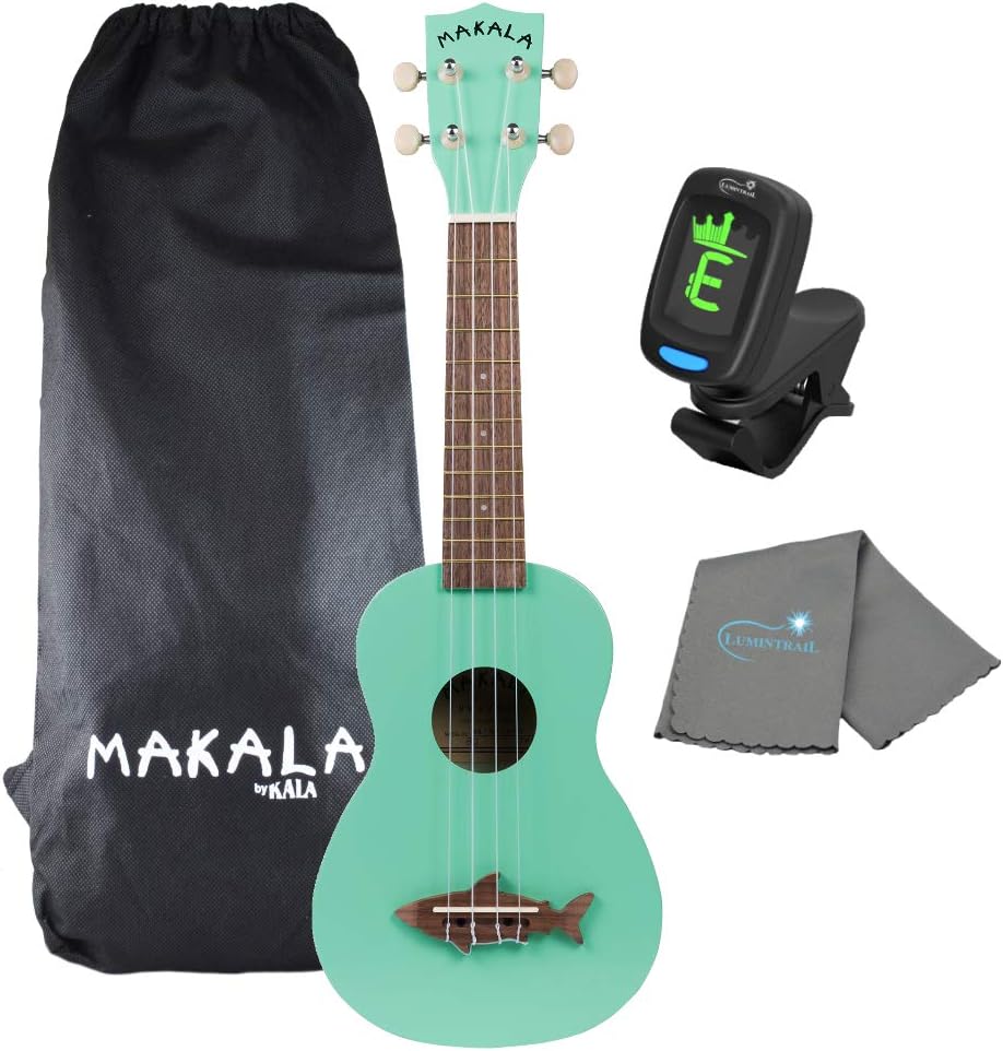 Kala Surf Green Soprano Shark Ukulele Bundle with Tuner & Cloth