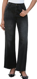 Wide Leg Jeans for Women Mid High Waist Straight Leg - Raw Hem Fit JK