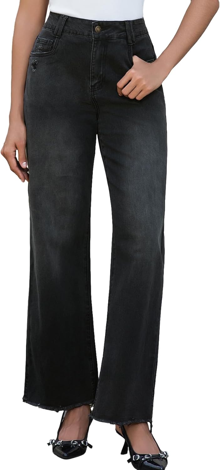 Wide Leg Jeans for Women with Frayed Hem and Mid High Waist