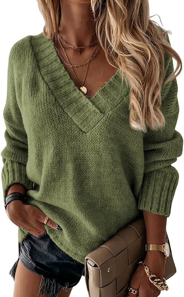 Esobo Womens Loose Sweaters V Neck Long Sleeve Jumper