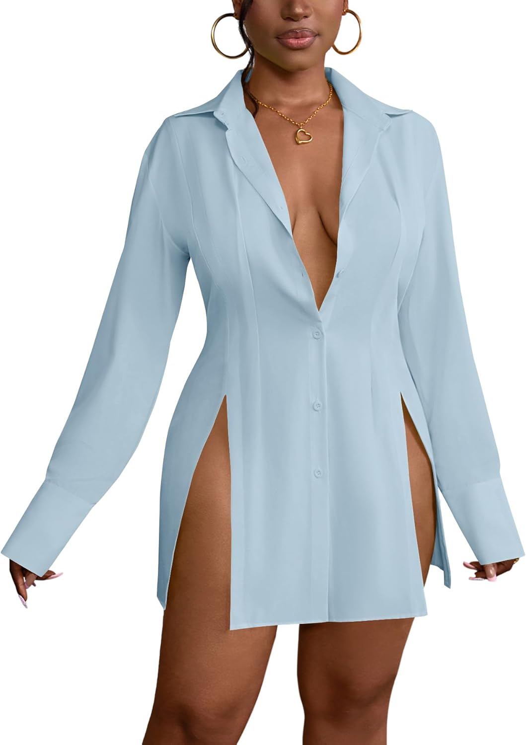 LYANER Women's Sexy Button Down Shirt Dress with Slit Hem