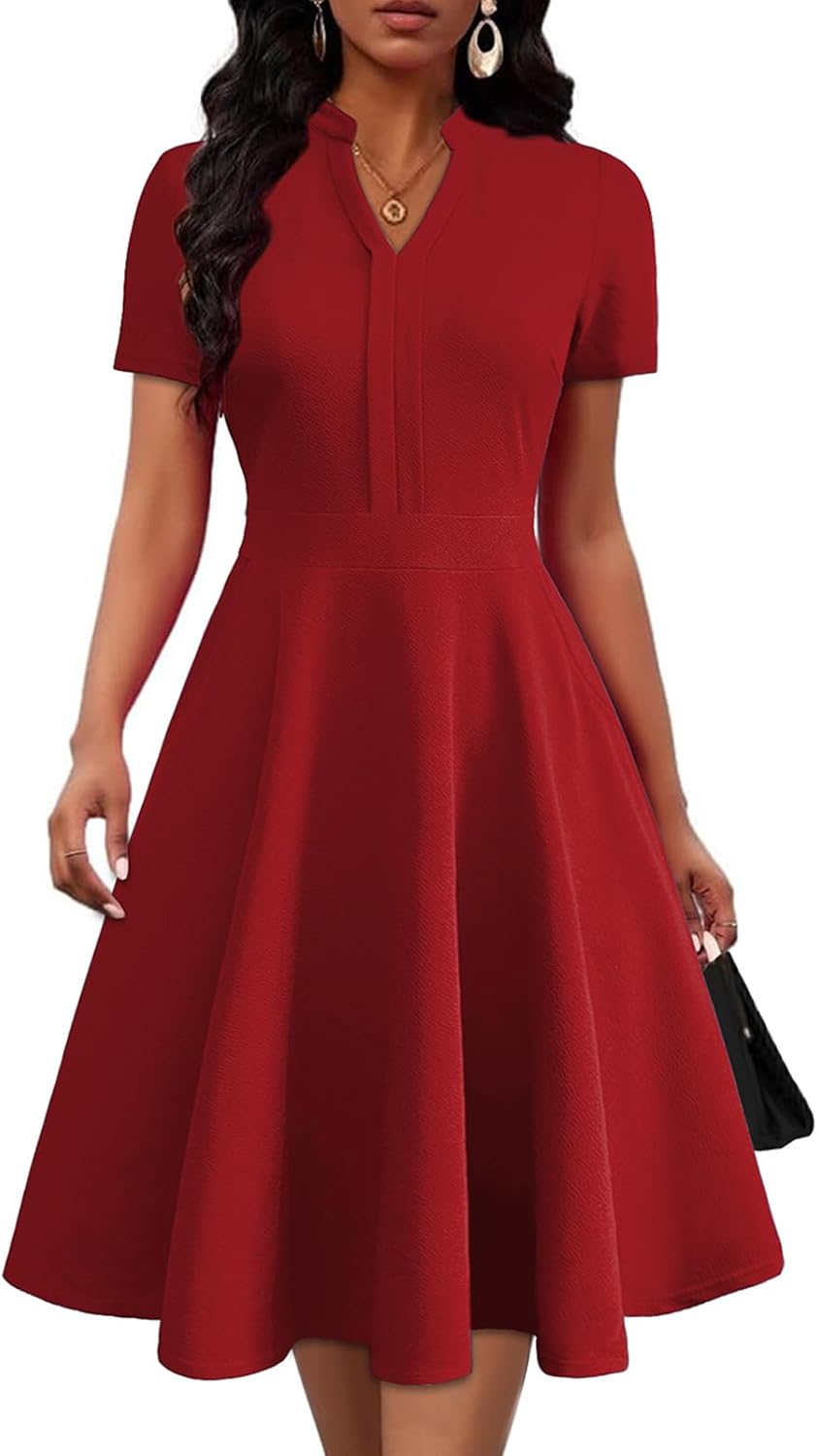 Mokayee Womens Summer Short Sleeve V Neck Fit and Flare Dress