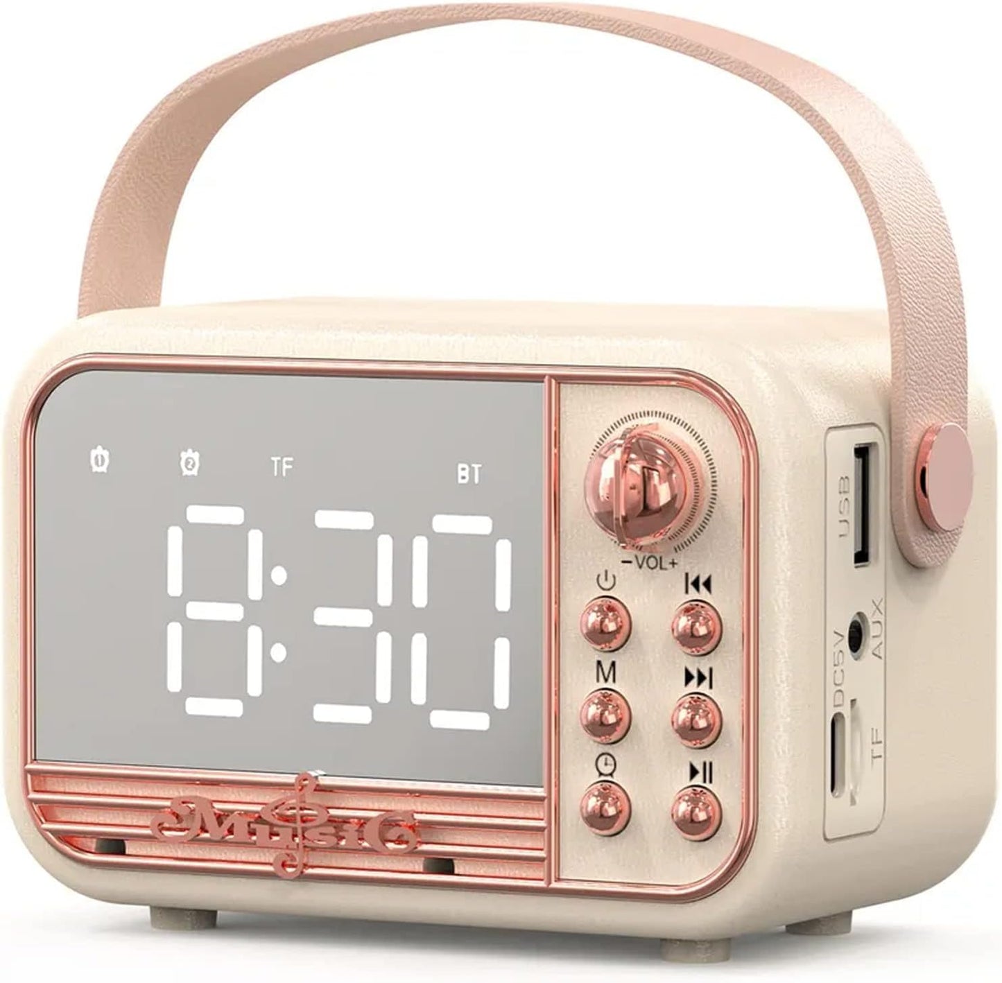 Anliato Retro Bluetooth Speaker, Loud Alarm Clock, Bluetooth 5.0, Portable - Beige White