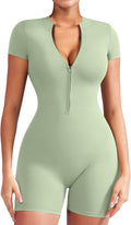 Women Short Sleeve Workout Jumpsuit Zip Up Romper - Bodycon Fit Please