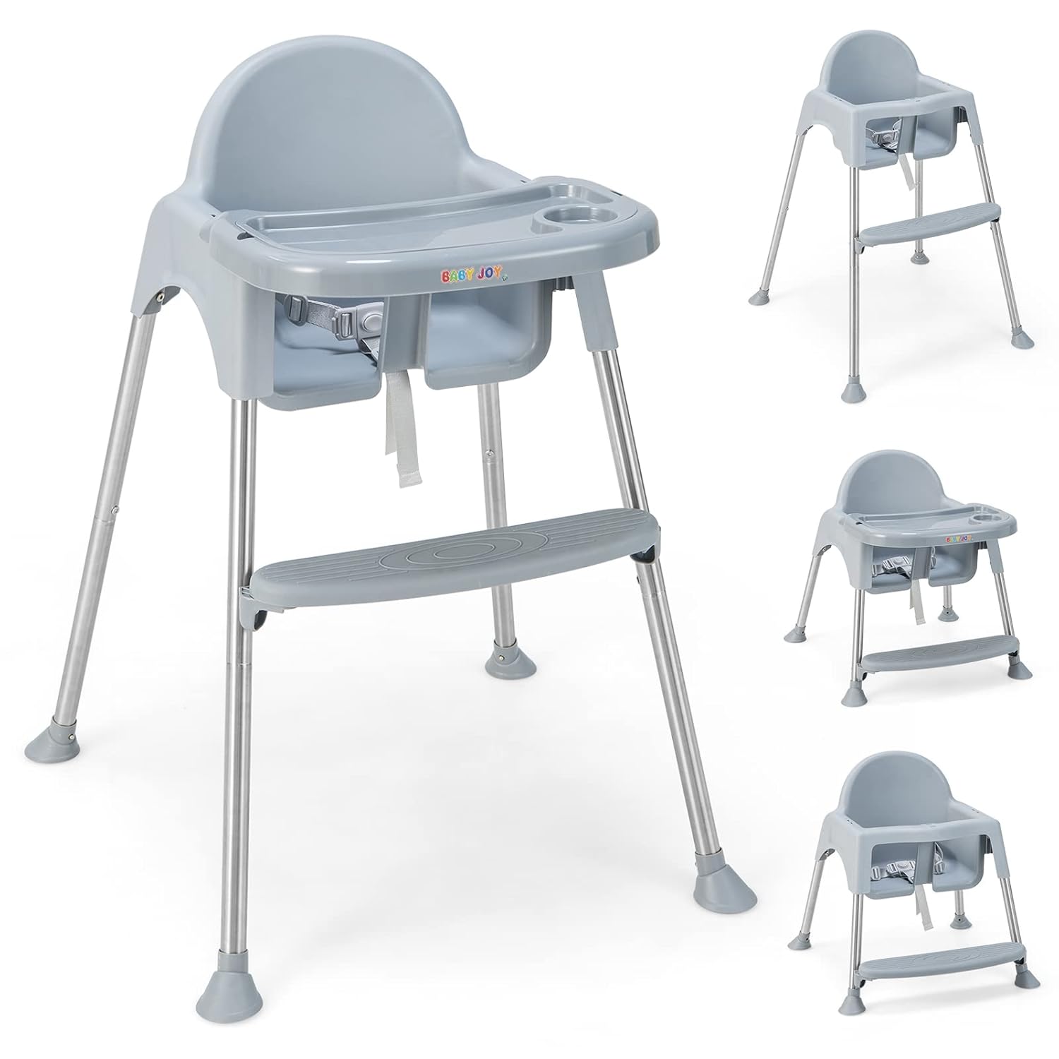 Convertible Baby High Chair, Adjustable Legs, Double Tray, Safety Harness, Gray