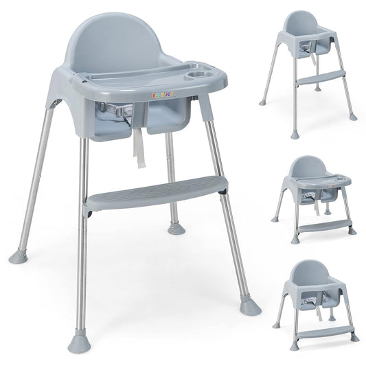 Convertible Baby High Chair, Adjustable Legs, Double Tray, Safety Harness, Gray