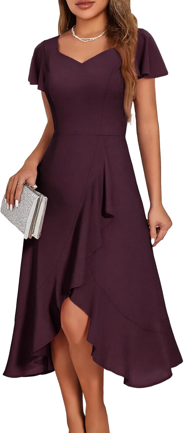 Elegant V Neck Formal Wedding Guest Dress with Ruffle Sleeves