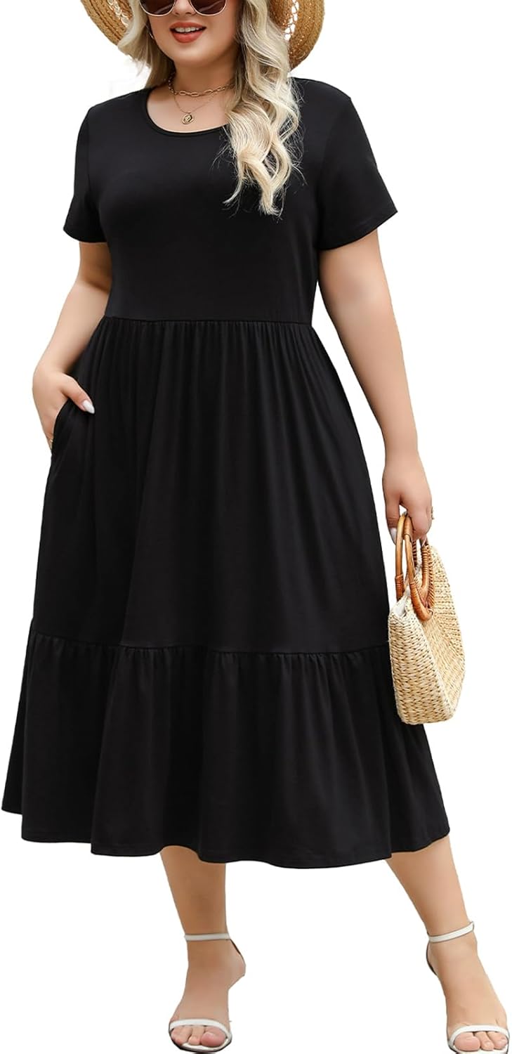 Plus Size Midi Casual Dress with Pockets for Women 1X-4X