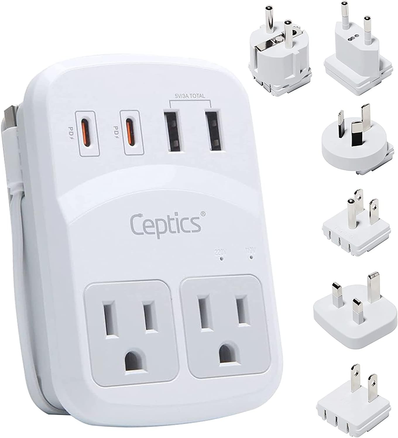 Ceptics World Travel Adapter Kit with USB-A and USB-C Ports