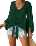 Kancystore Womens Button Down V Neck Tie Knot Front Top - Lightweight