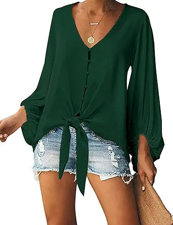 Kancystore Womens Button Down V Neck Tie Knot Front Tops Review