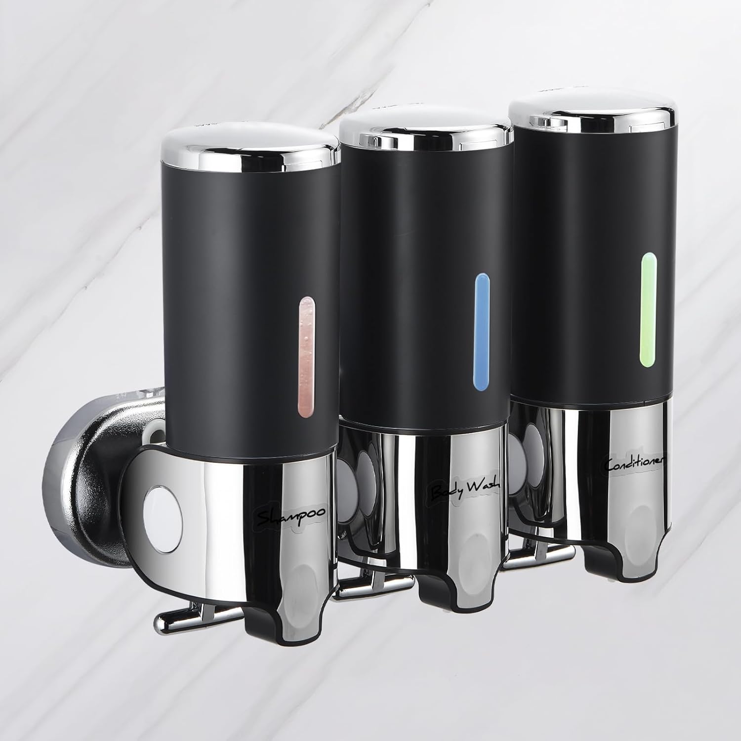 3 Chamber Shower Gel Dispenser Black - No Drill Refillable