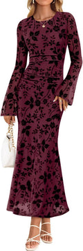 ZESICA Women's Floral Long Sleeve Bodycon Dress for Autumn Gatherings