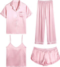 Womens Silk Satin Pajama Set 4pcs - Lightweight Sleepwear Set