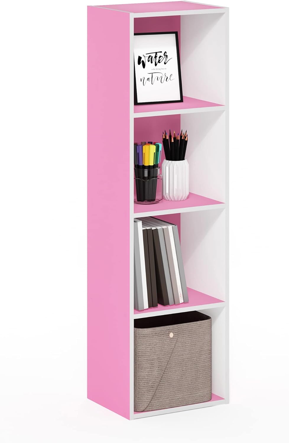 Furinno Luder 4-Tier Cube Bookcase in Pink and White Design