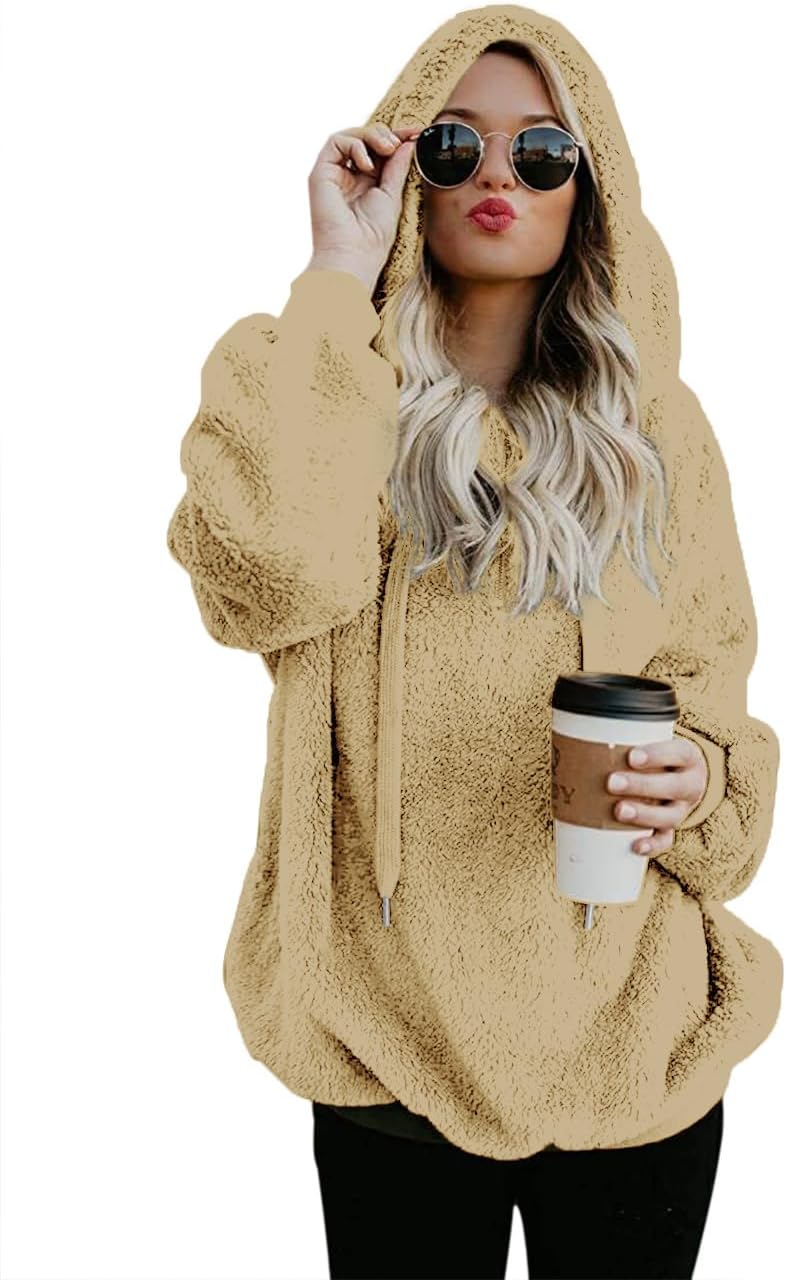 Women Casual Double Fuzzy Sweatshirt Cozy Zip Pullover Hoodie