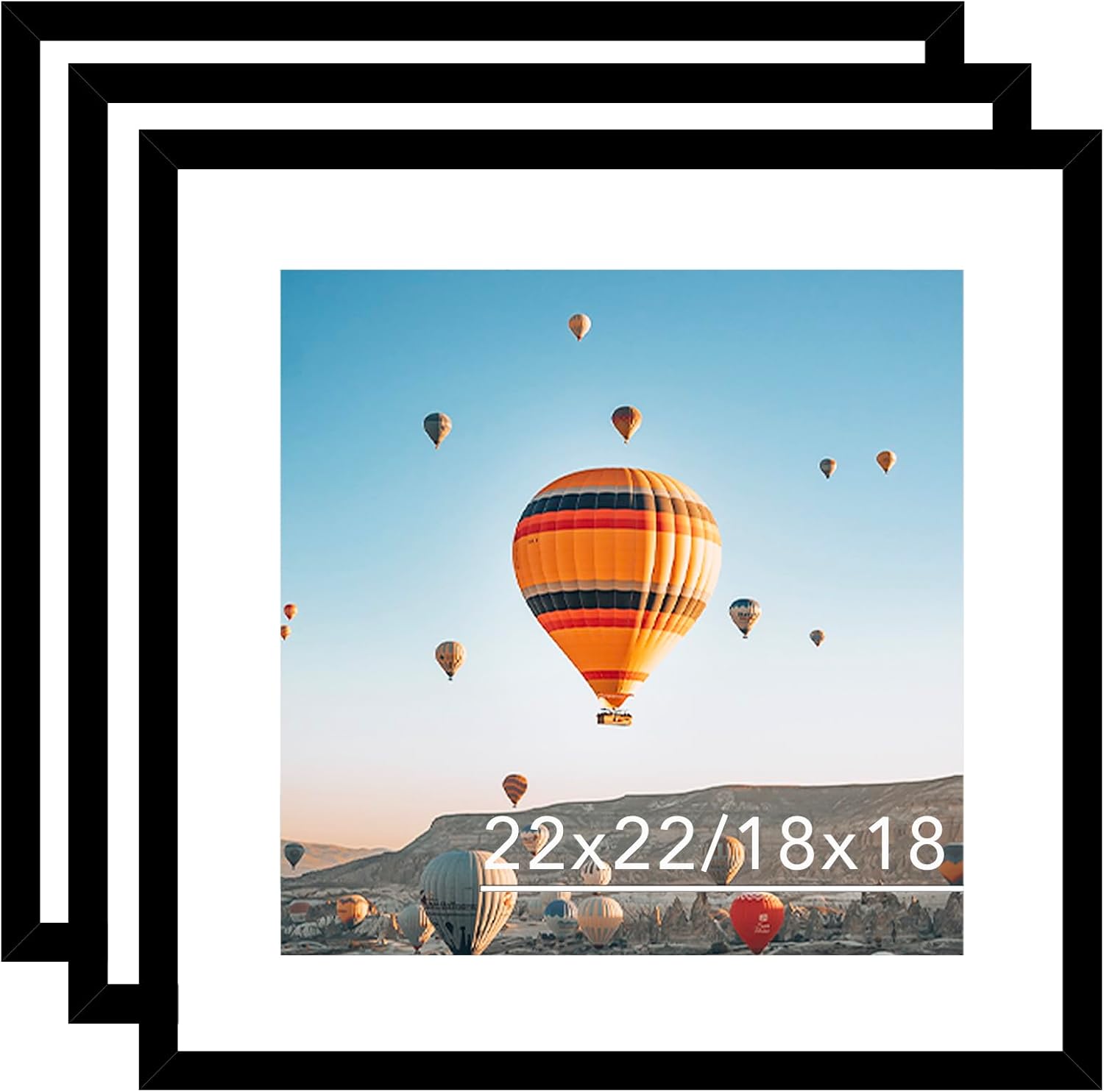22x22 Picture Frame Set of 3 Black with 18x18 Mat for Photos