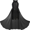 Girls Halter Neck Sequin Dress 6-14Y - Layered Chiffon Train