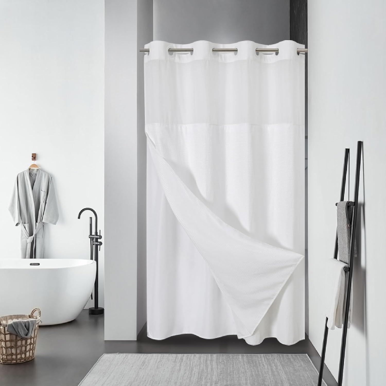Stall White No Hook Waffle Weave Shower Curtain for Bathroom