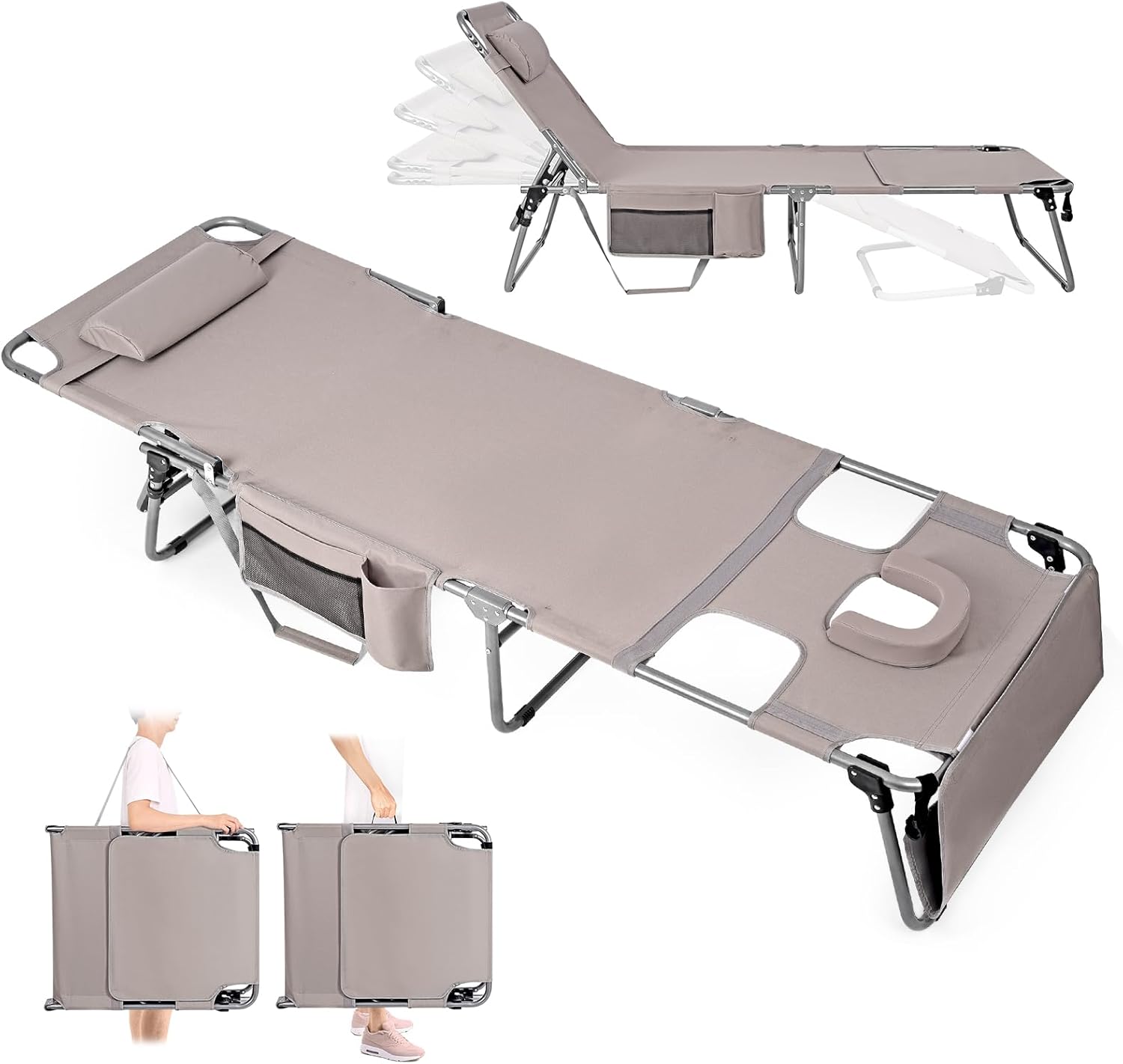 Folding Chaise Lounge Chair with Face Hole for Sunbathing
