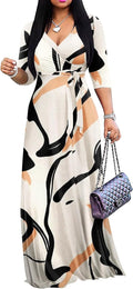Plus Size Maxi Dress for Women - V Neck Wrap Sundress with Pockets
