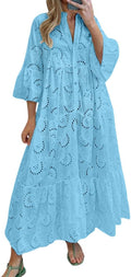 Women's Lace Eyelet Embroidery Maxi Dress V-Neck - Flowy Boho Fit