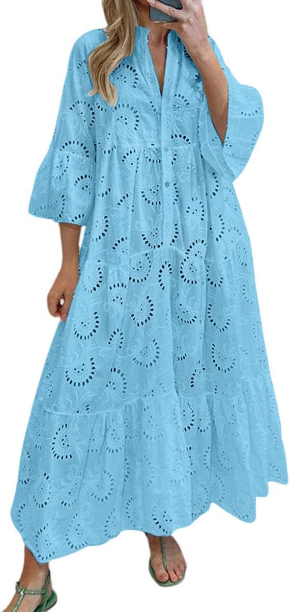 Chouyatou Women's Lace Eyelet Maxi Dress for Summer Style