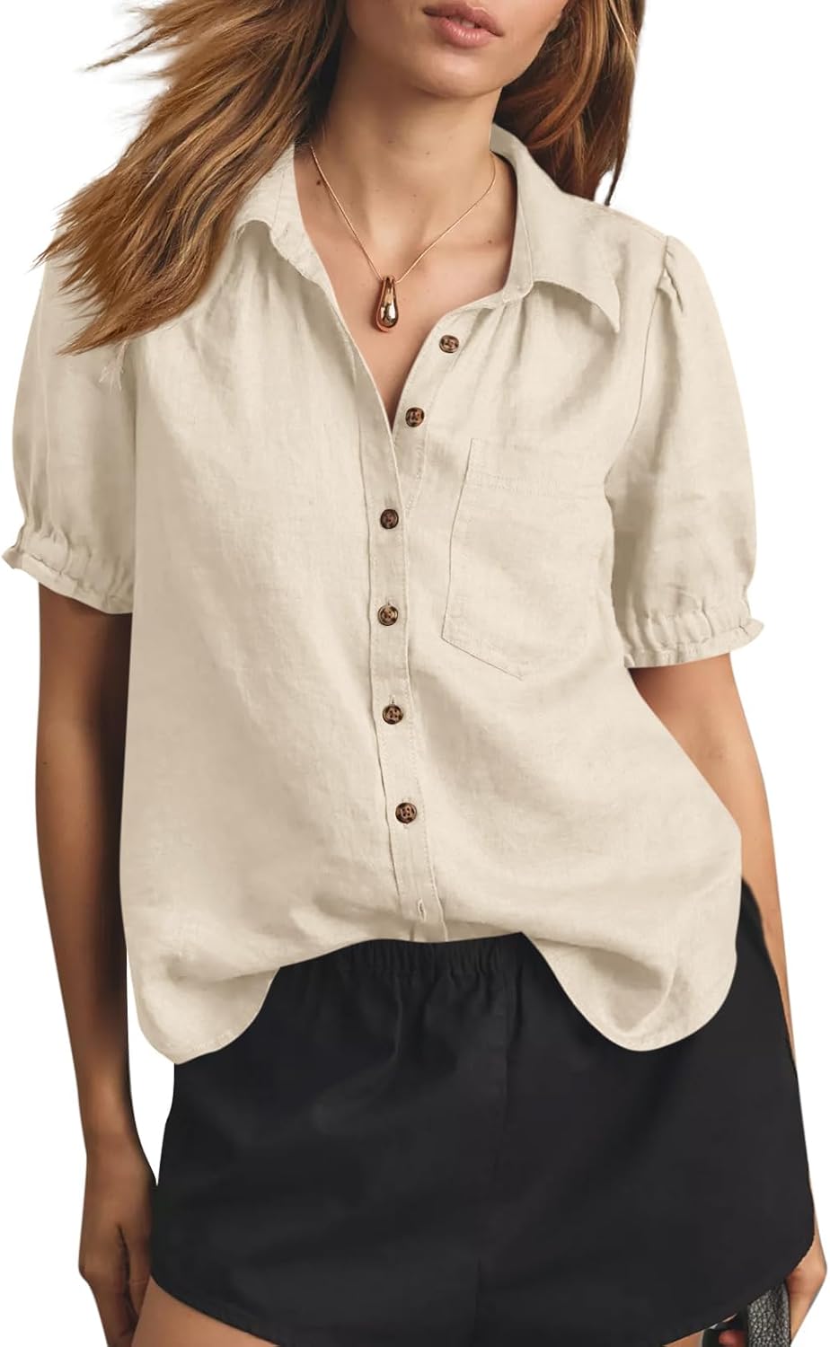 Cicy Bell Womens Puff Sleeve Button Down Summer Blouse Tops