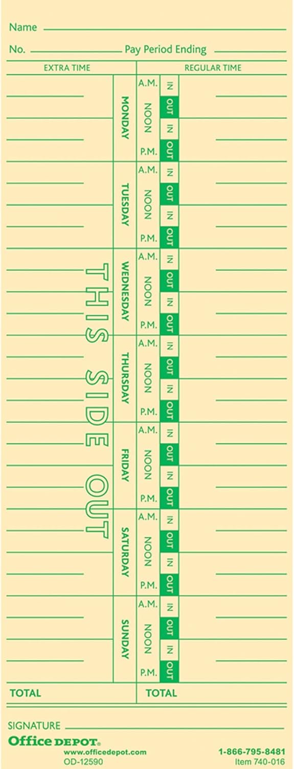 Office Depot Time Cards, Weekly Format, Pack Of 100