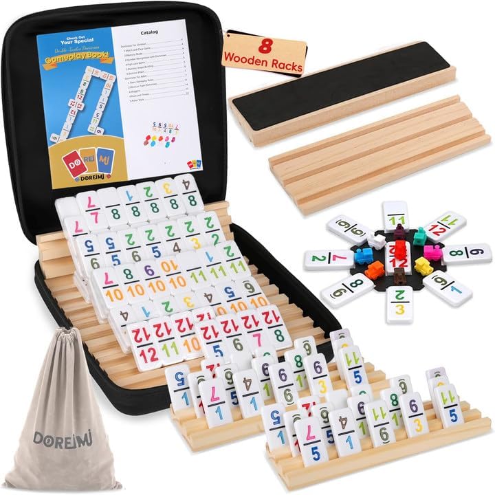 Mexican Train Dominoes Set with 8 Wooden Holders for Fun
