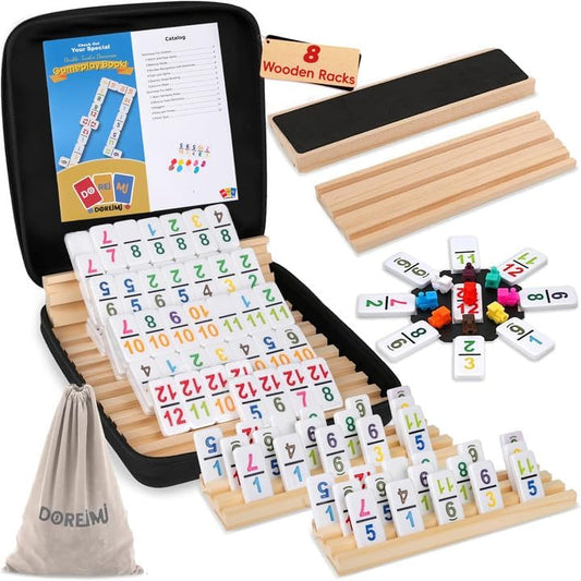 Mexican Train Dominoes Set with 8 Wooden Holders for Fun