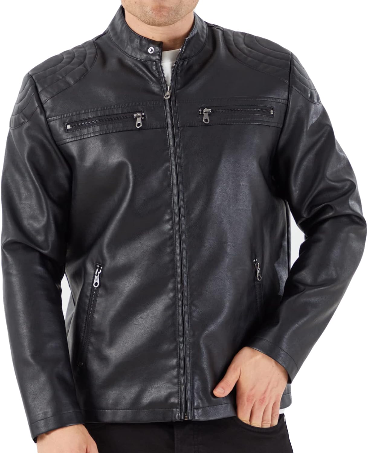 WULFUL Men's Stand Collar Leather Jacket for Motorcycle Riding