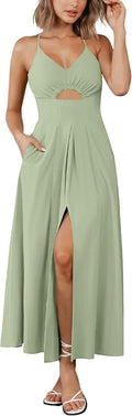 Summer Spaghetti Strap Midi Dress with Cutout & Pockets - Flowy Fit On
