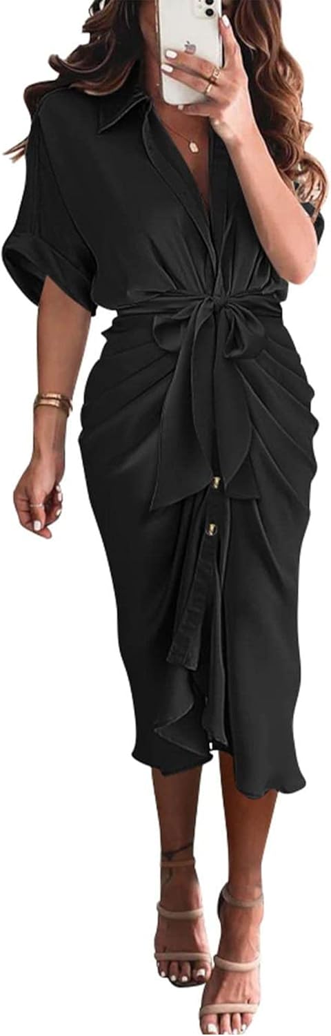 BTFBM Women Button Down Ruched Satin Maxi Dress for Summer
