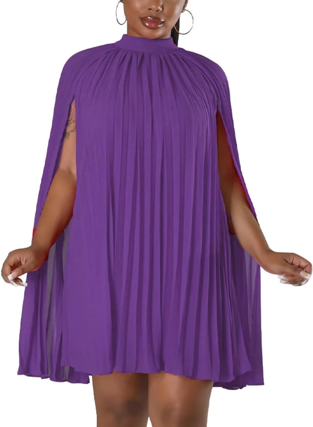 Womens Casual Cape Sleeve Pleated Split Short Dress for Parties